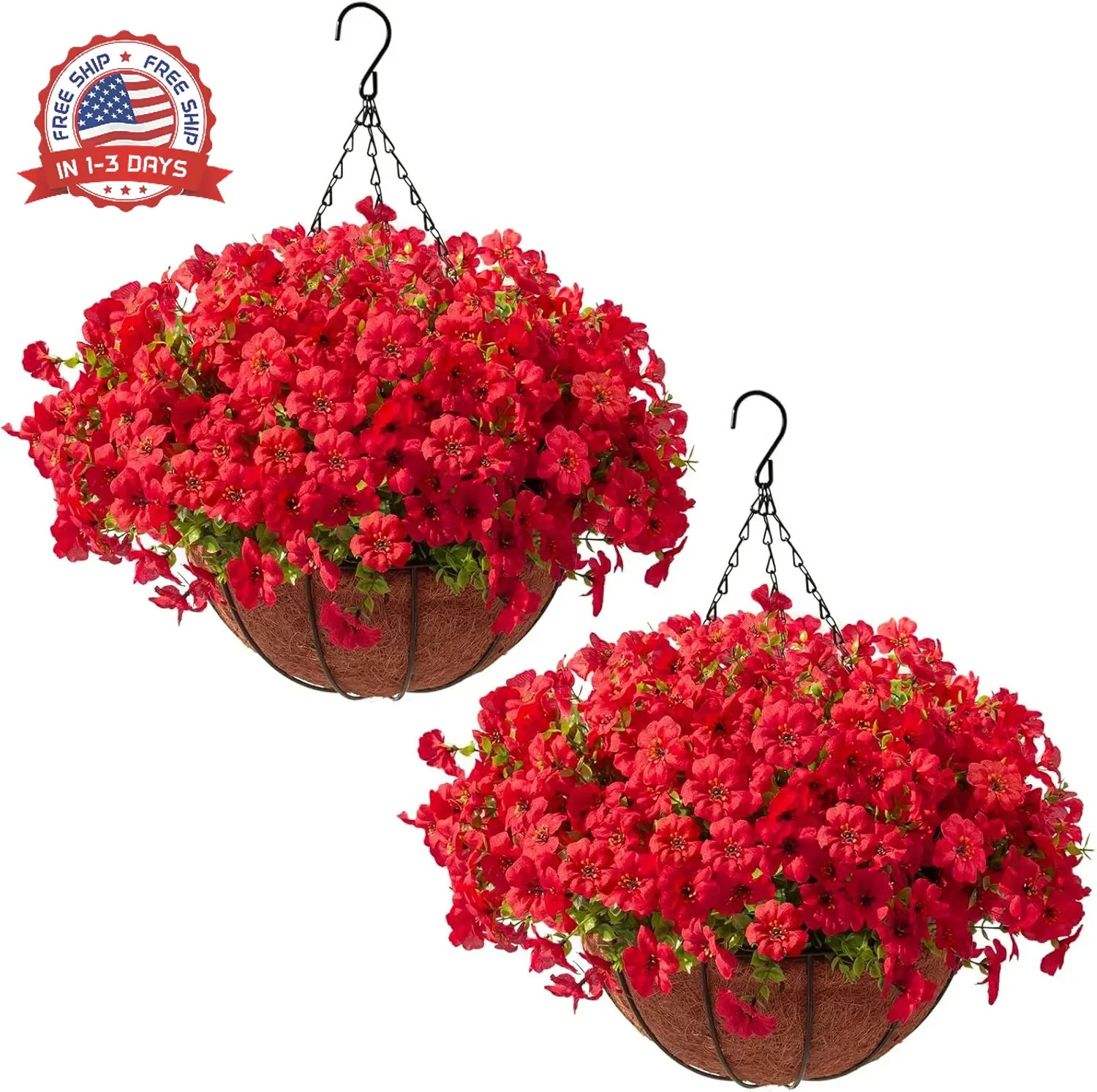 Hananona 24 Pcs Artficial Outdoor Flowers with Hanging Baskets, 2 Pack Hanging P