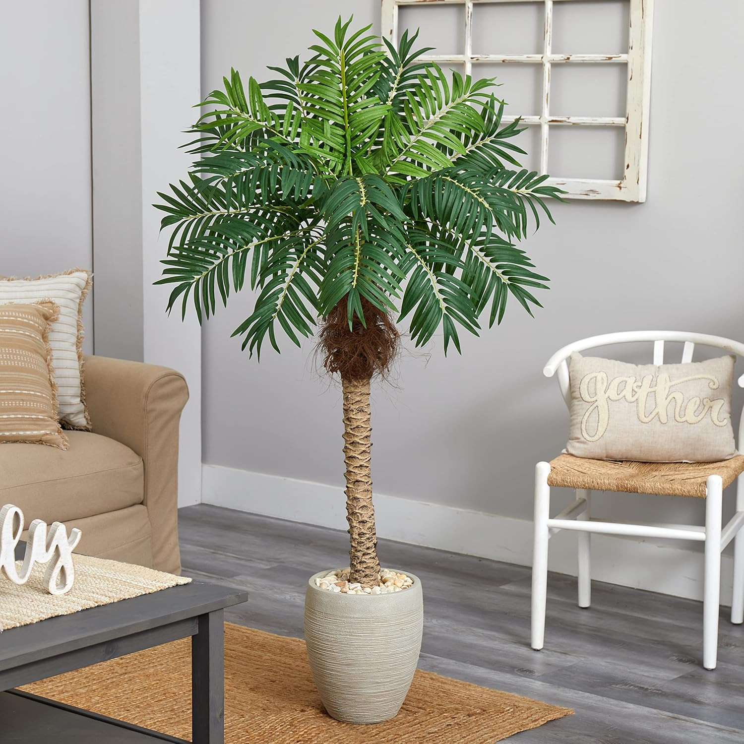 Lifelike 63″ Robellini Palm Artificial Tree in Elegant Sandstone Planter