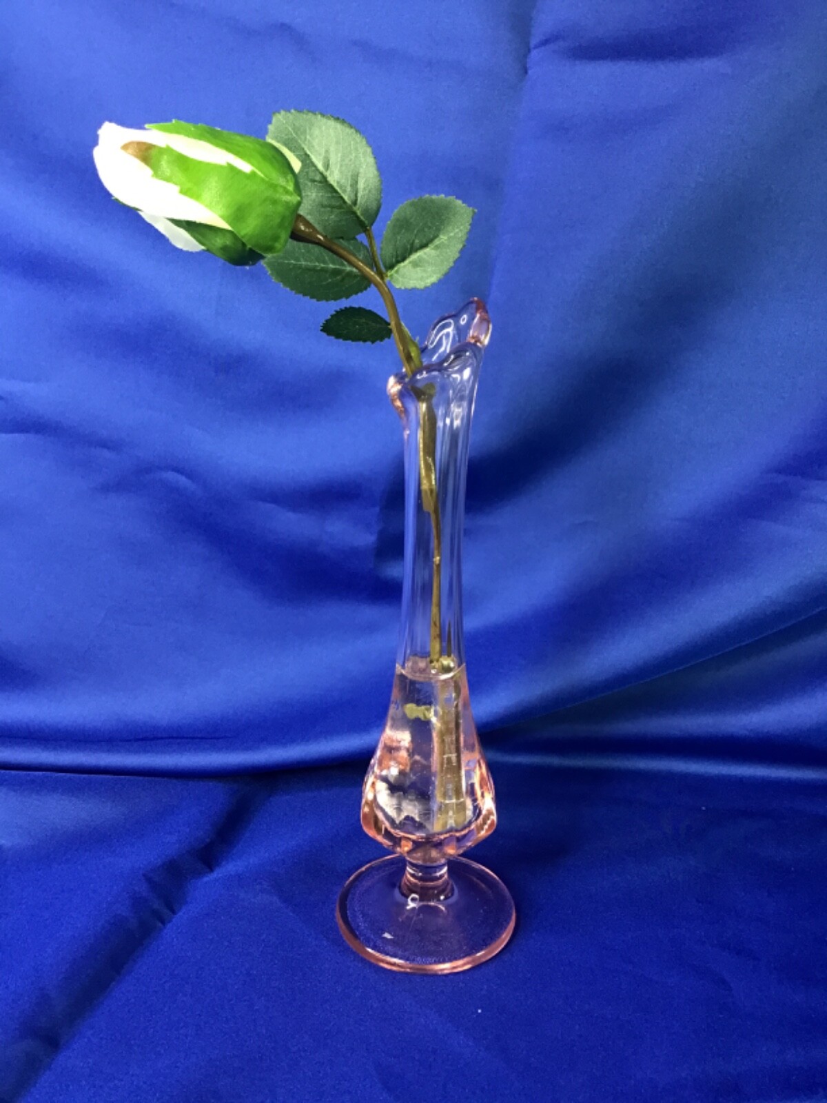 Vintage Pink Vase with White Rose Bud Flower Arrangement in Faux Water