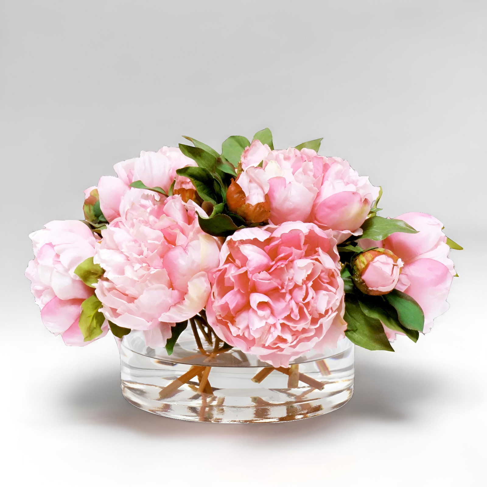 New Handmade Luxury Pink Peony Silk Floral Arrangement in Round Glass Vase