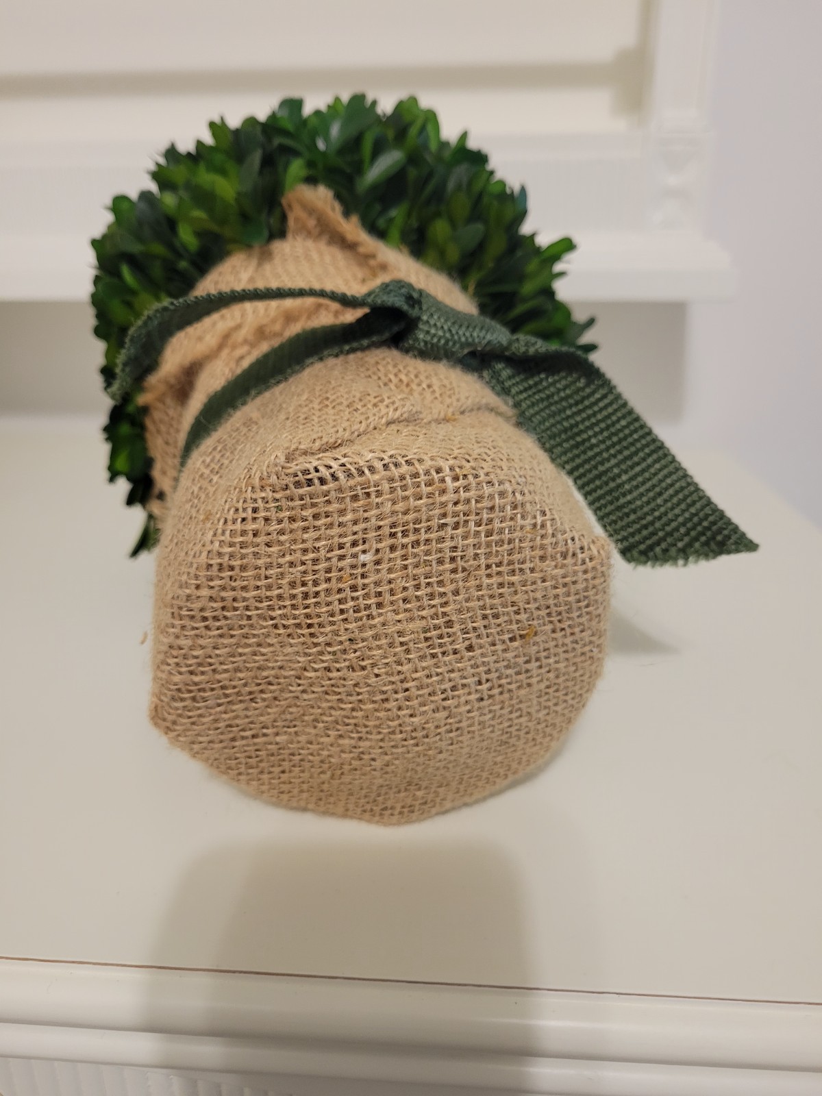 Artificial Boxwood Ball Topiary in Burlap Pot with Green Ribbon, Green/Beige