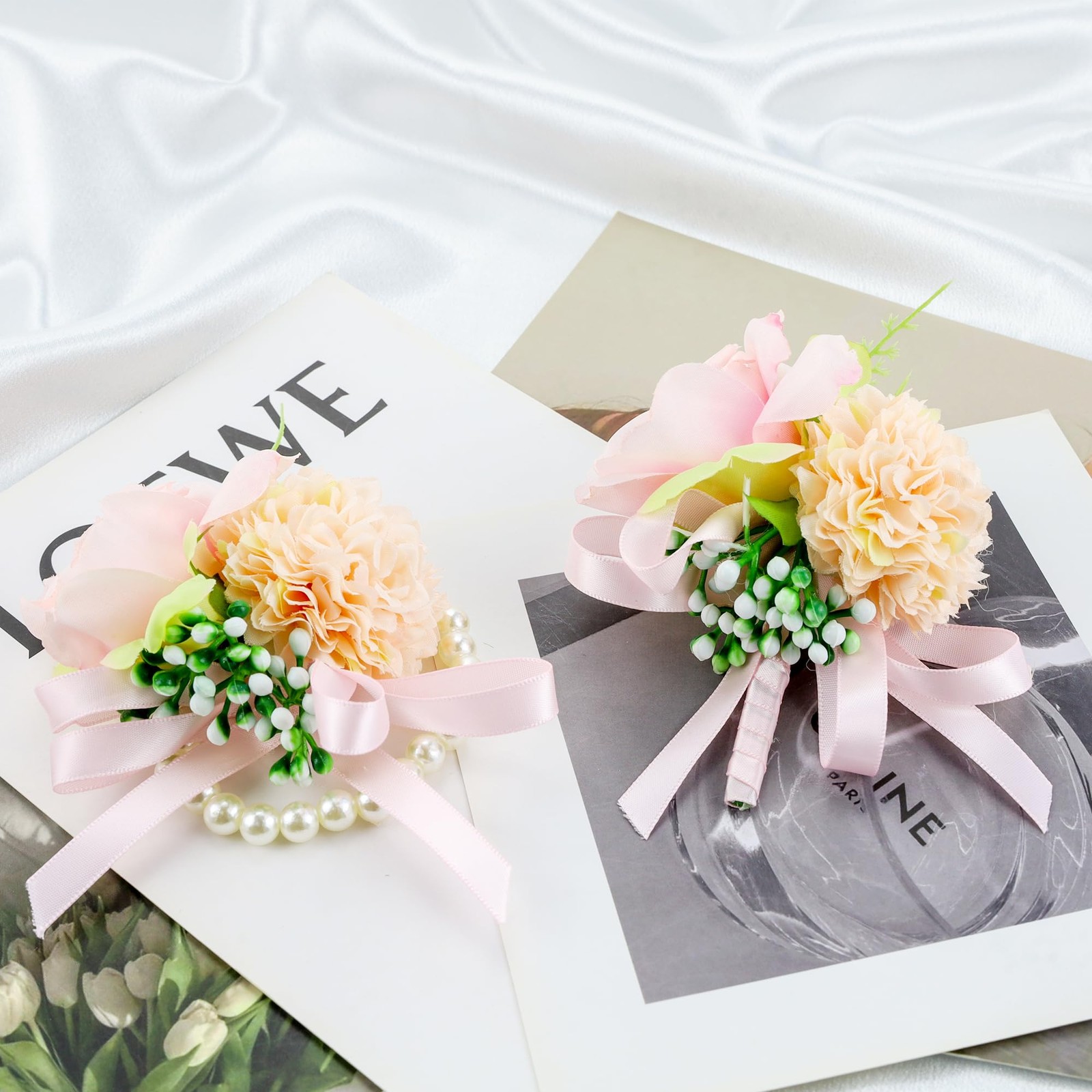 2 PCS Pink Wrist Corsage Boutonniere Set Prom Wedding Flowers Accessories