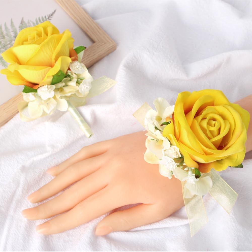 Yellow Rose Corsage Wristlet Boutonniere Set Artificial Flowers Prom 1 PCS