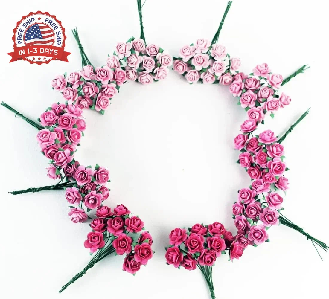 100 pcs Tiny Artificial Roses Mixed Pink Five Color Mulberry Paper Flower 15-18