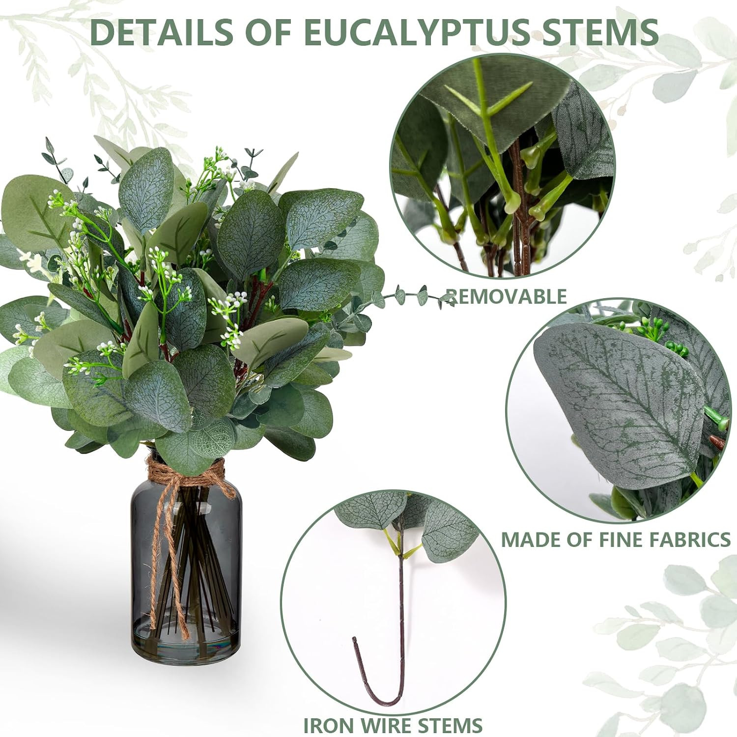 60 Pcs 3 Kinds Mixed Artificial Eucalyptus Leaves Stems, Fake Silver Dollar Euca