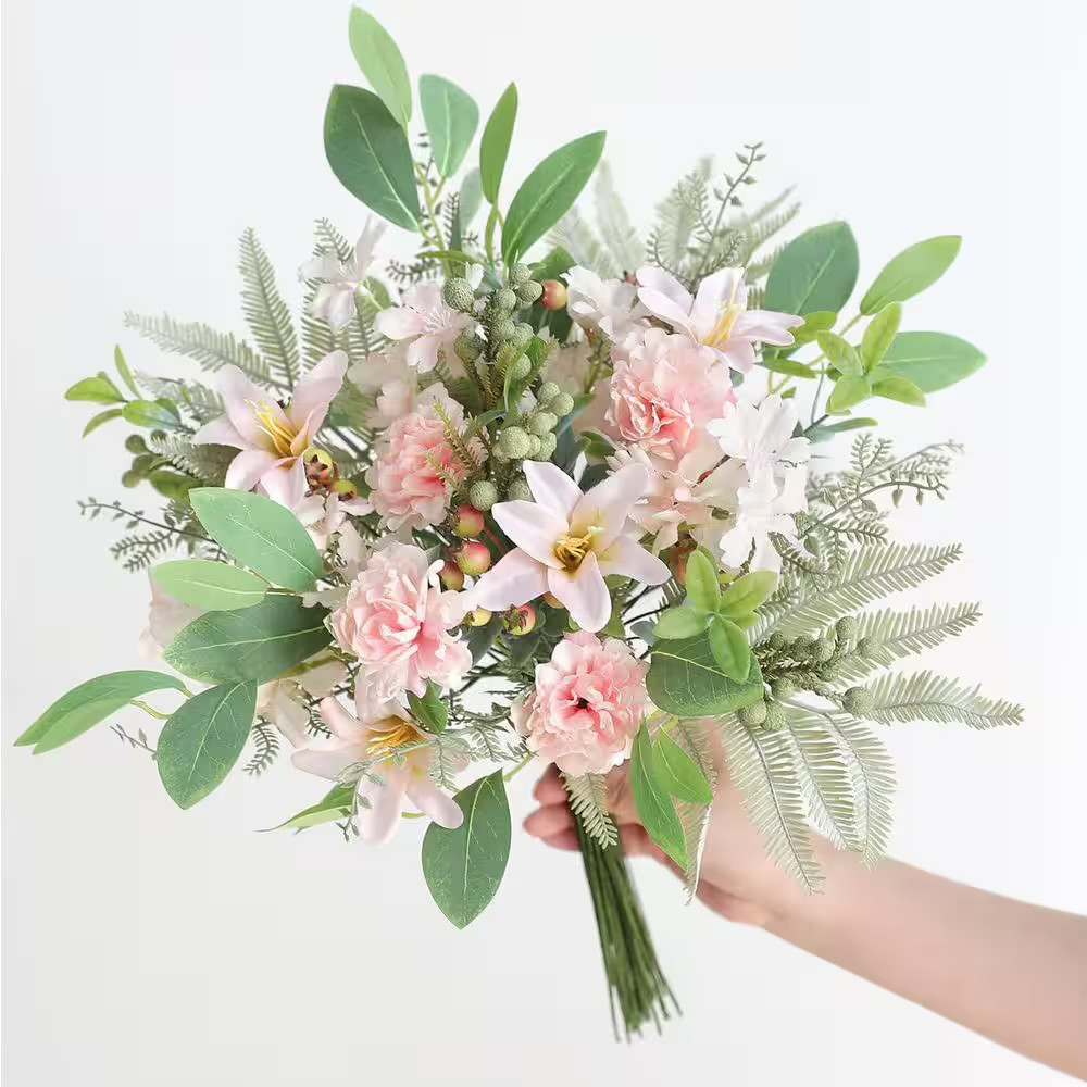 3 In. 47-Pieces Artificial Dusty Green Pink Flocking Greenery Branch Stem Faux O