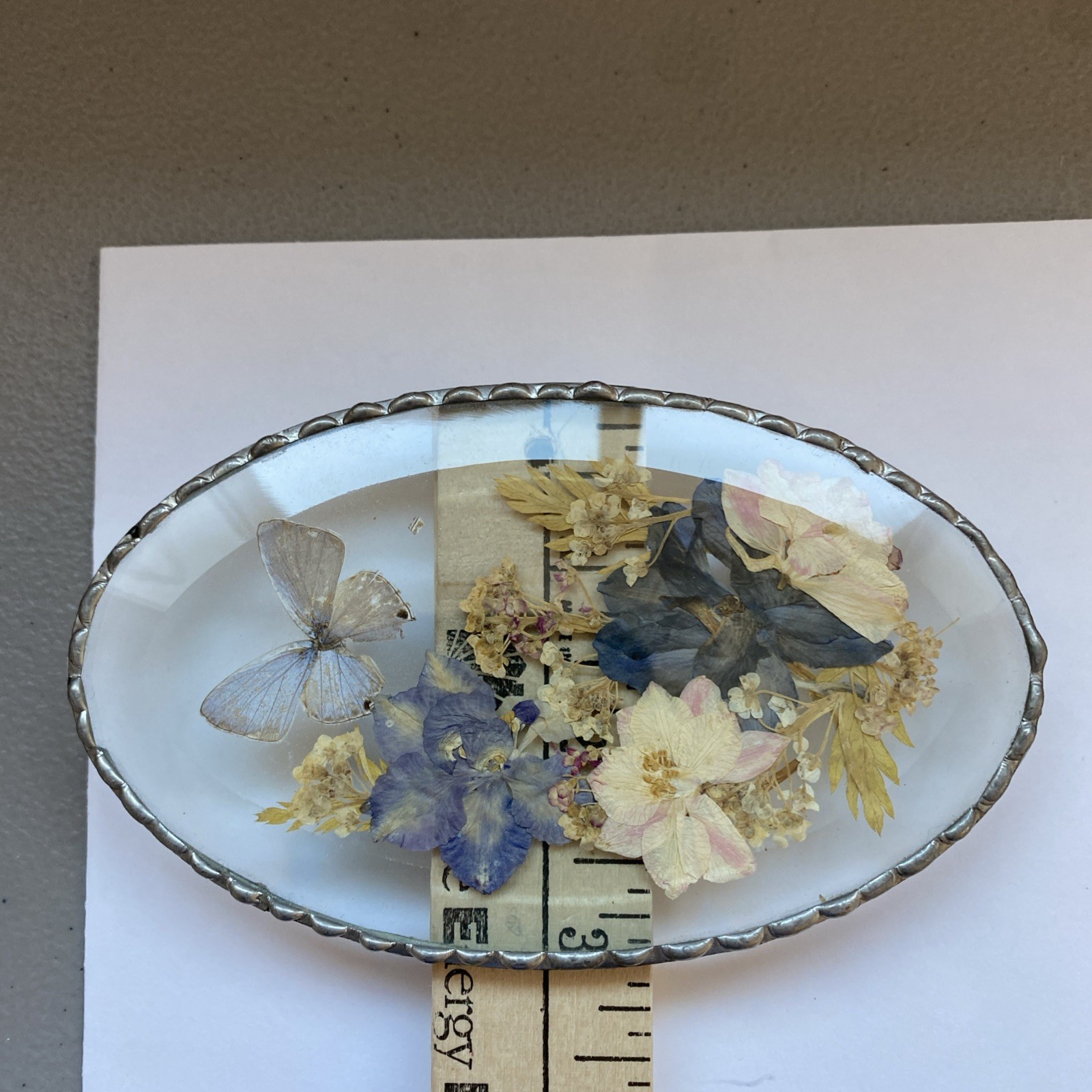 Vintage Pressed In Glass Butterfly & Flowers Pewter Frame Plaque Or Suncatcher