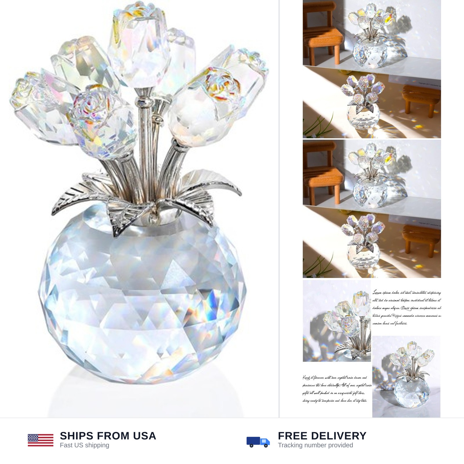 Ornalrist Crystal AB-Color Rose Bouquet Flower with Vase Figurine Decor, Rose…