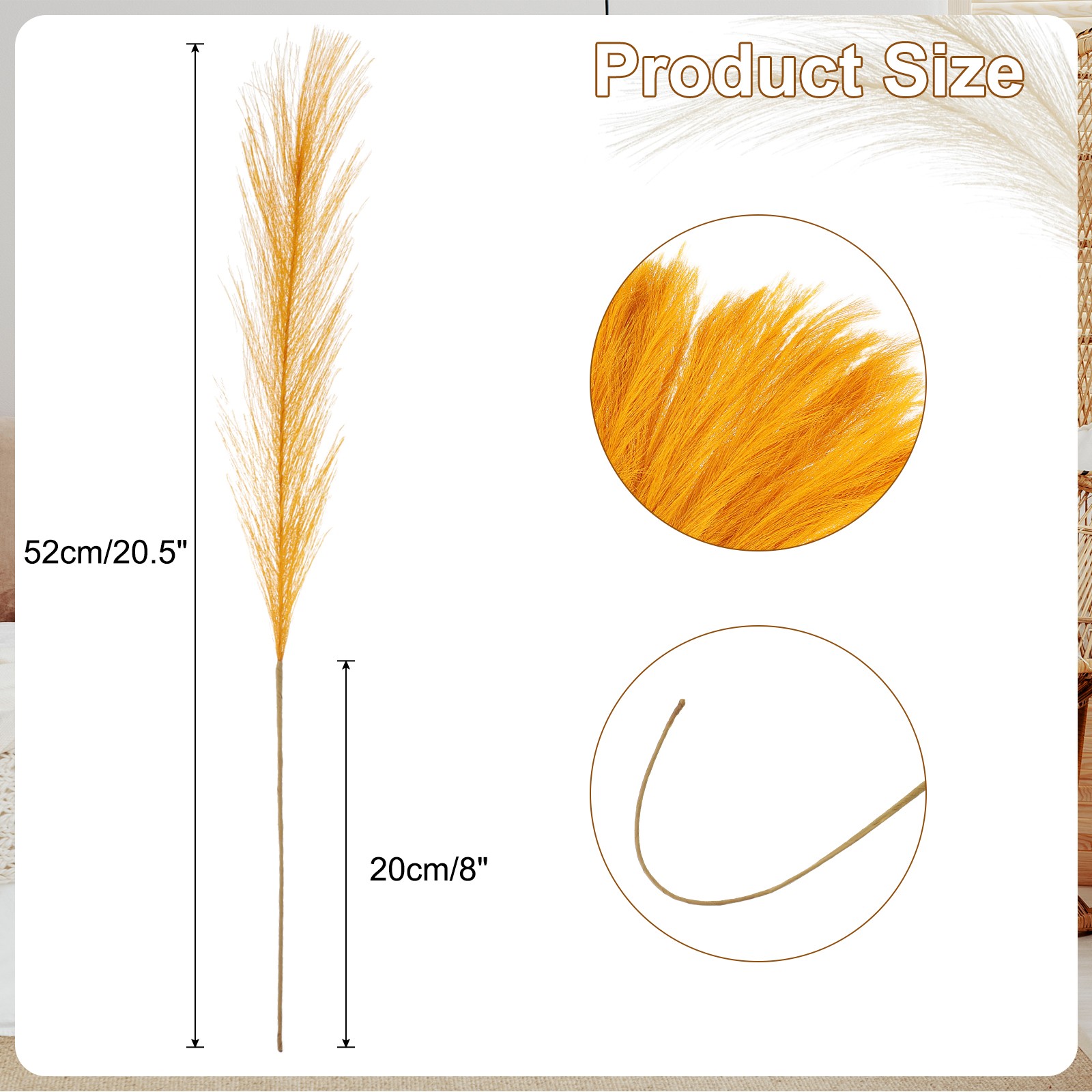 50 Pcs Faux Pampas Grass 52cm/20.5″ Dried Pampas Grass Decor, Gold Yellow
