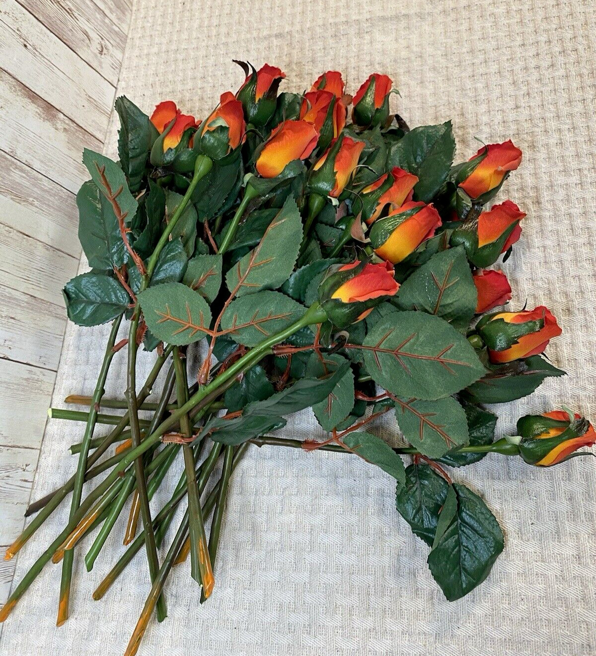 Orange Red Realistic Faux Single Rose Bud With Stem Silk Flower 18″ stem 2″ x1″