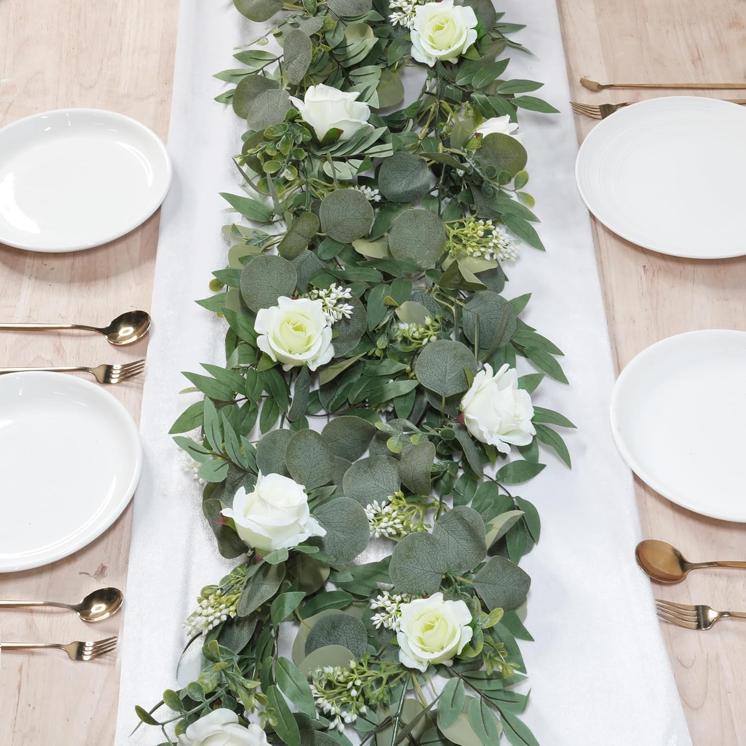 2 Pack 13Ft Artificial Spring Eucalyptus Flower Garland with White Roses, Fake F