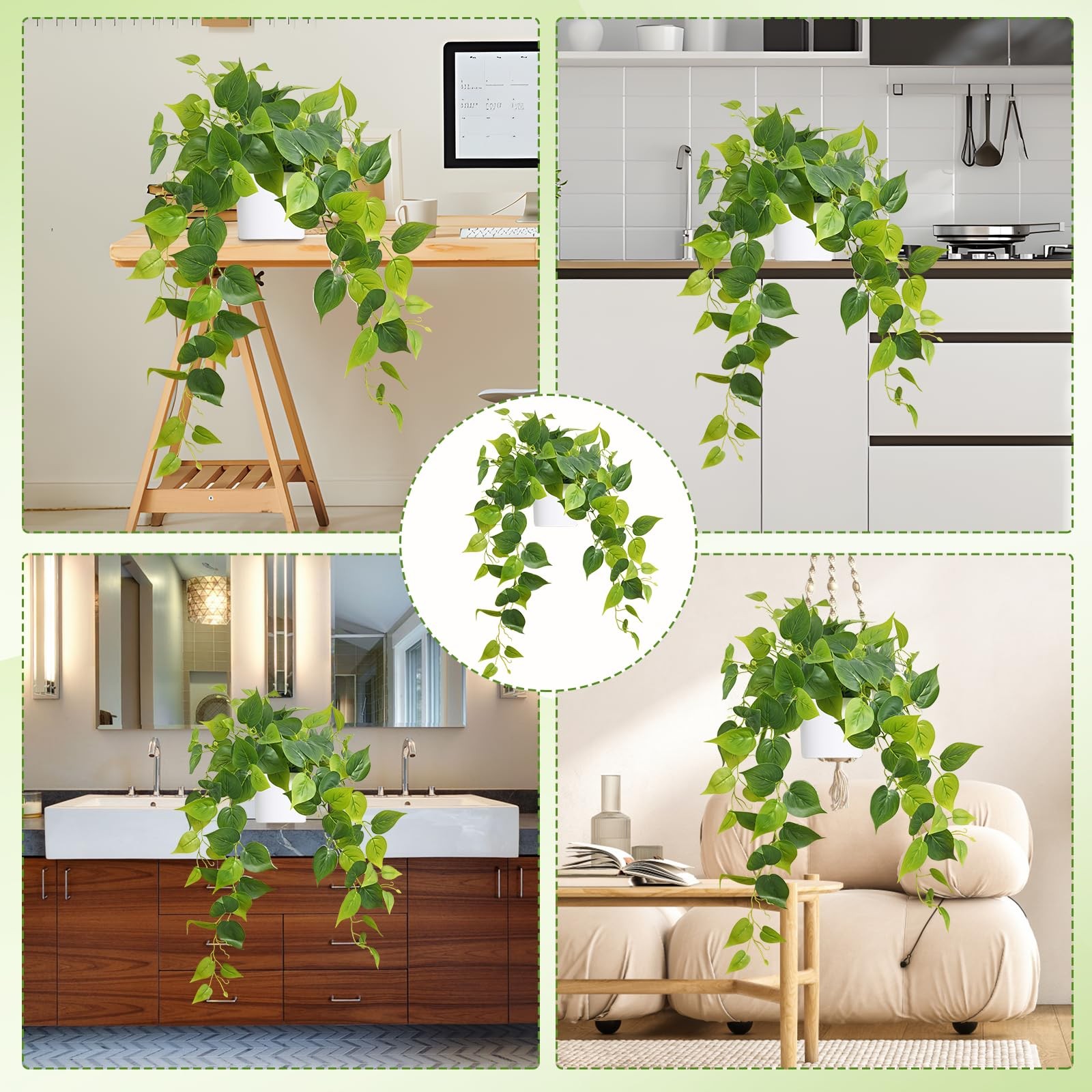 34 Inch Artificial Indoor Fake Pothos Hanging Plants Silk Vines Ivy Potted Decor