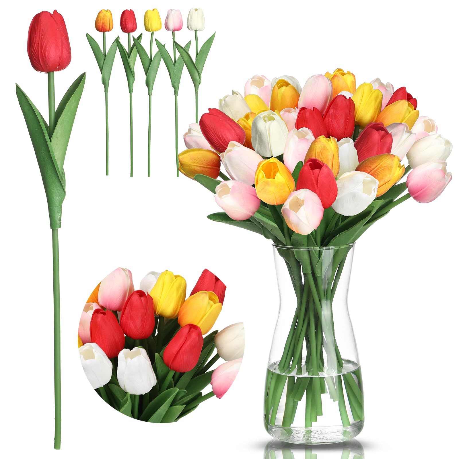 20 PCS Multicolor Artificial Tulips Real Touch 14 Inch With Vase Easter