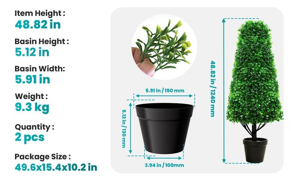 2 Pack 48.8″ Artificial Boxwood Topiary, Faux Potted Plant with Black Planter
