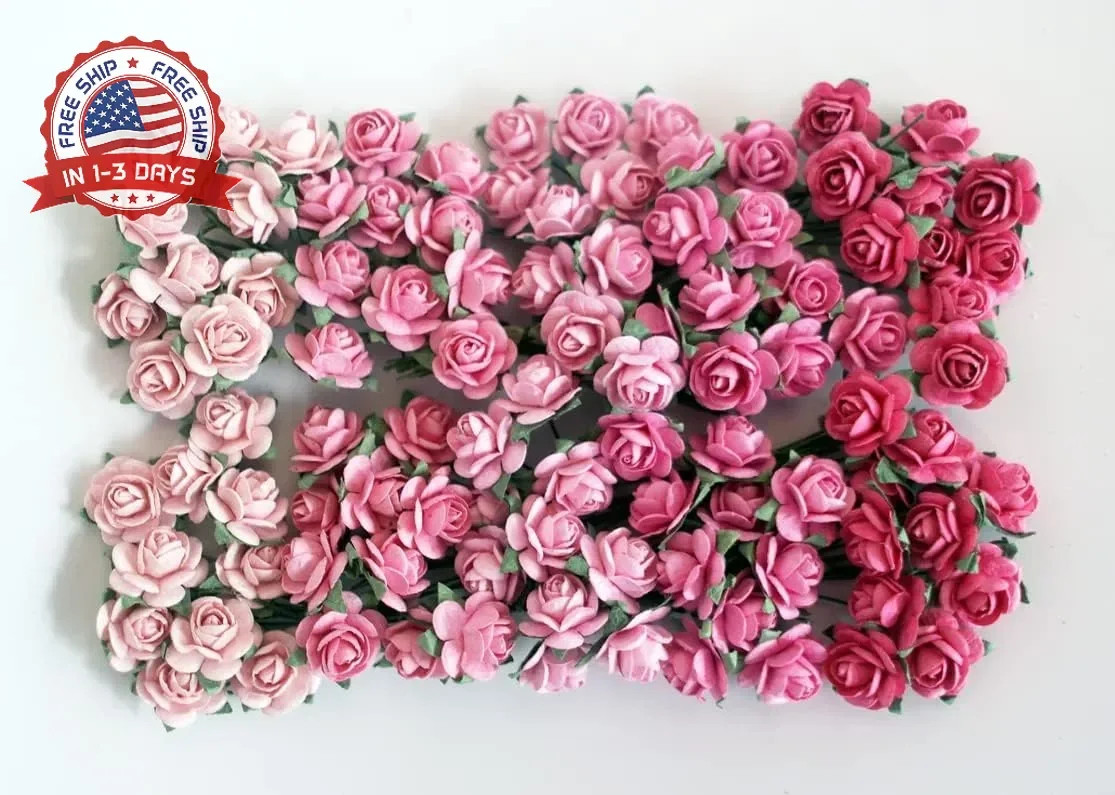100 pcs Tiny Artificial Roses Mixed Pink Five Color Mulberry Paper Flower 15-18