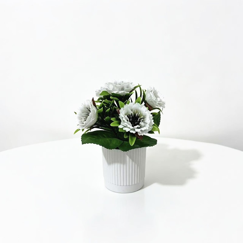 For Home Decor Faux Peony Daisy in Slim Ribbed White Pot for Small Area Styling