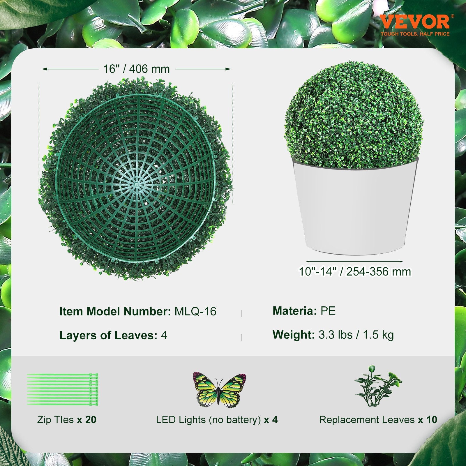 VEVOR 2PCS 16″ 40cm Artificial Topiary Greenery Ball Fake Plants Outdoor Décor