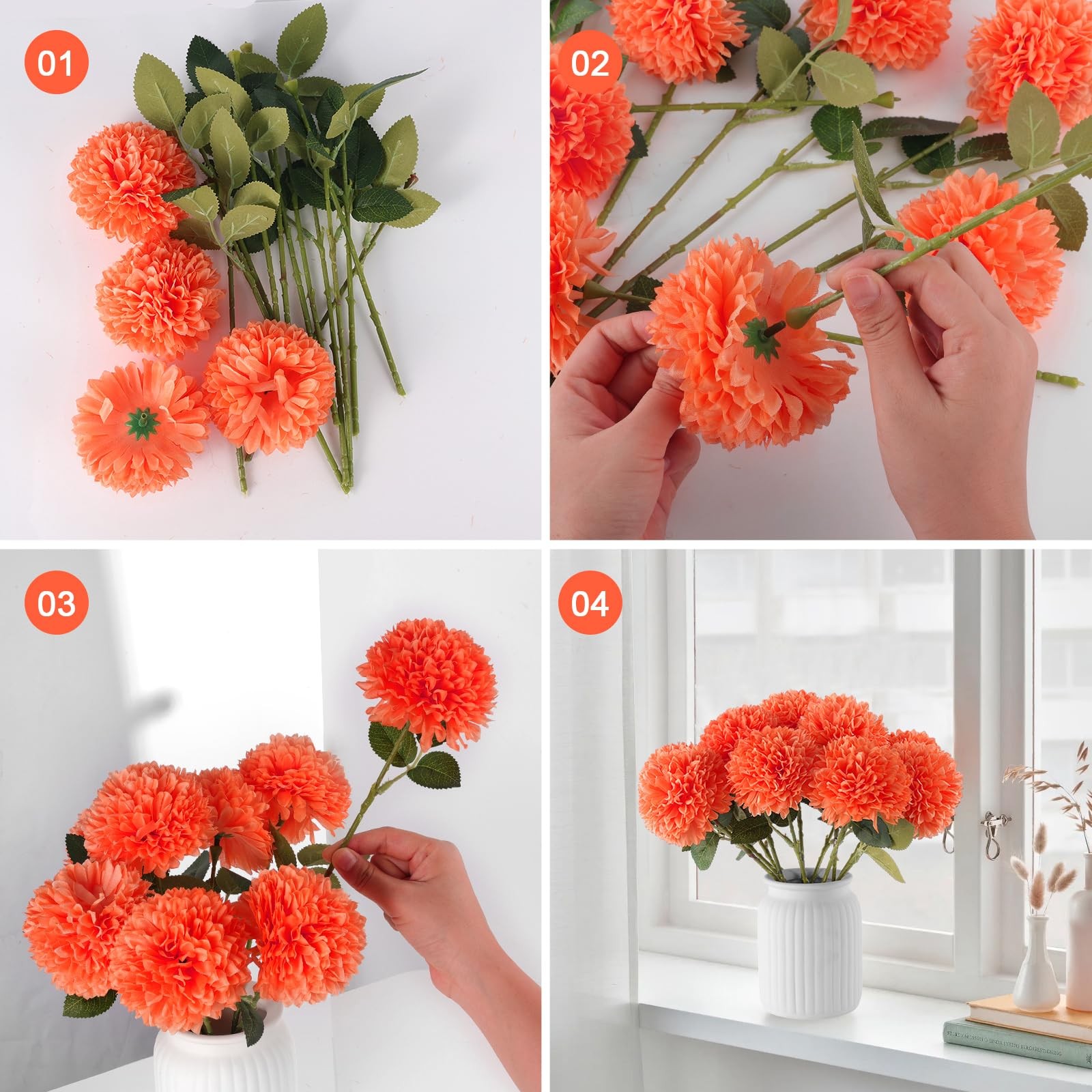 12 PCS Orange Artificial Chrysanthemums Marigolds Ball Silk Fall Fake Flowers