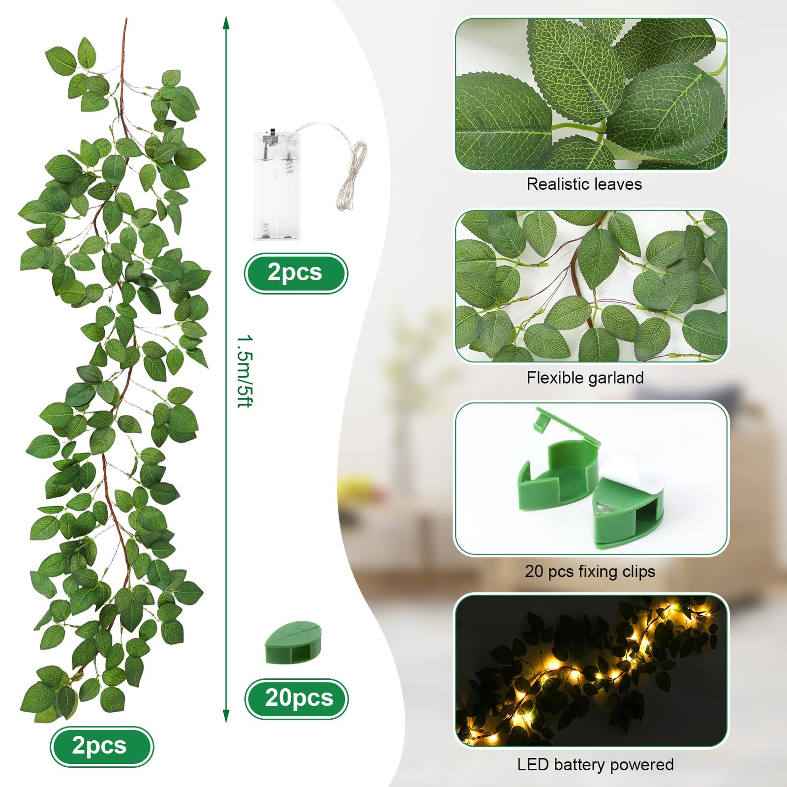 2Pcs Fake Ivy Vines with Fairy Lights, 5Ft Artificial Light Up Spring Leave G…
