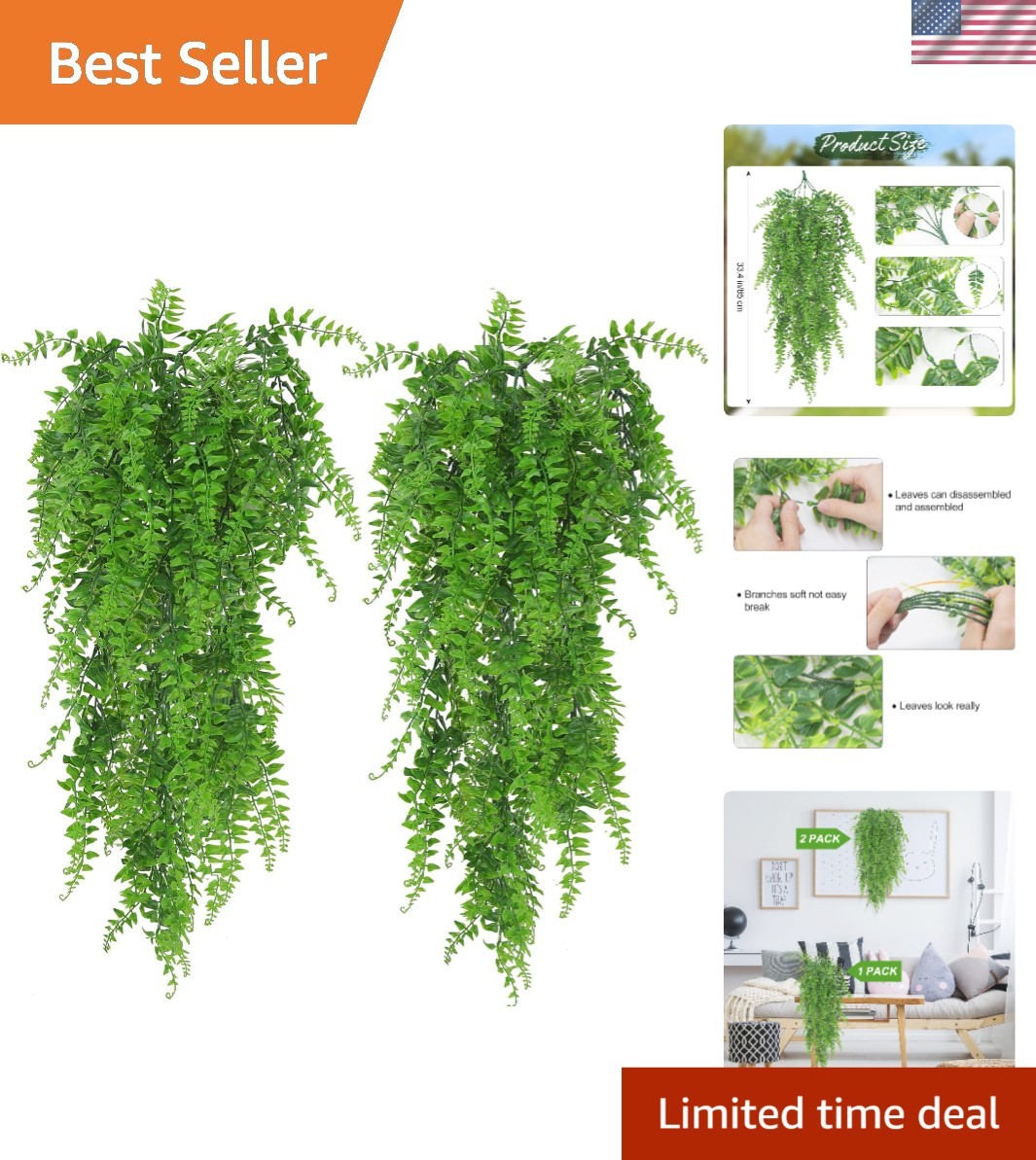 Serene Greenery: 2-Pack Hanging Ferns for a Relaxing Indoor/Outdoor Atmosphere