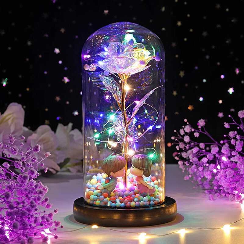 Enchanted Crystal Galaxy Rose Flower In Dome Glass LED Night Light Uniques Gifts