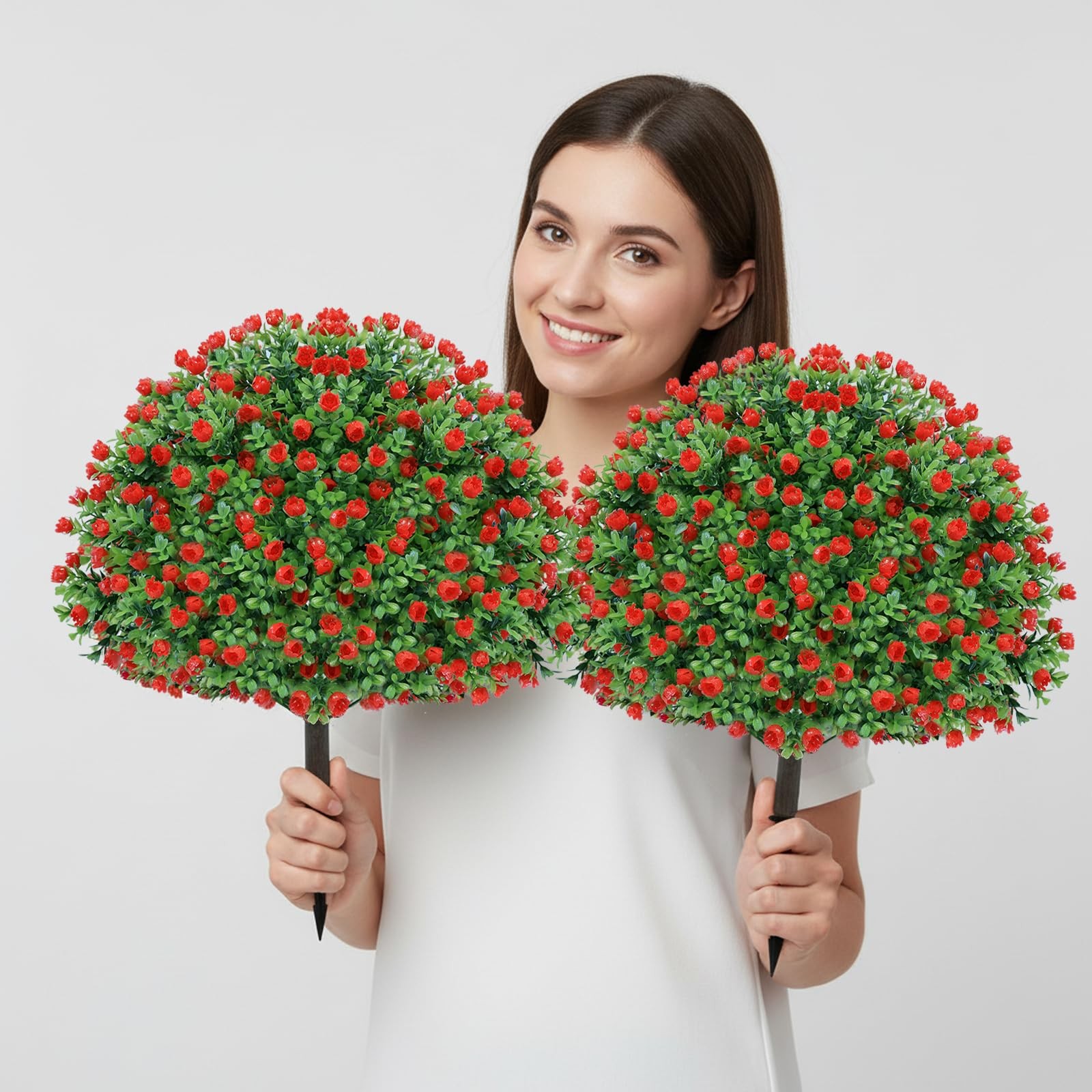 24’’ Artificial Boxwood Topiary Ball Tree with Rose – Set of 2 Artificial Shr…