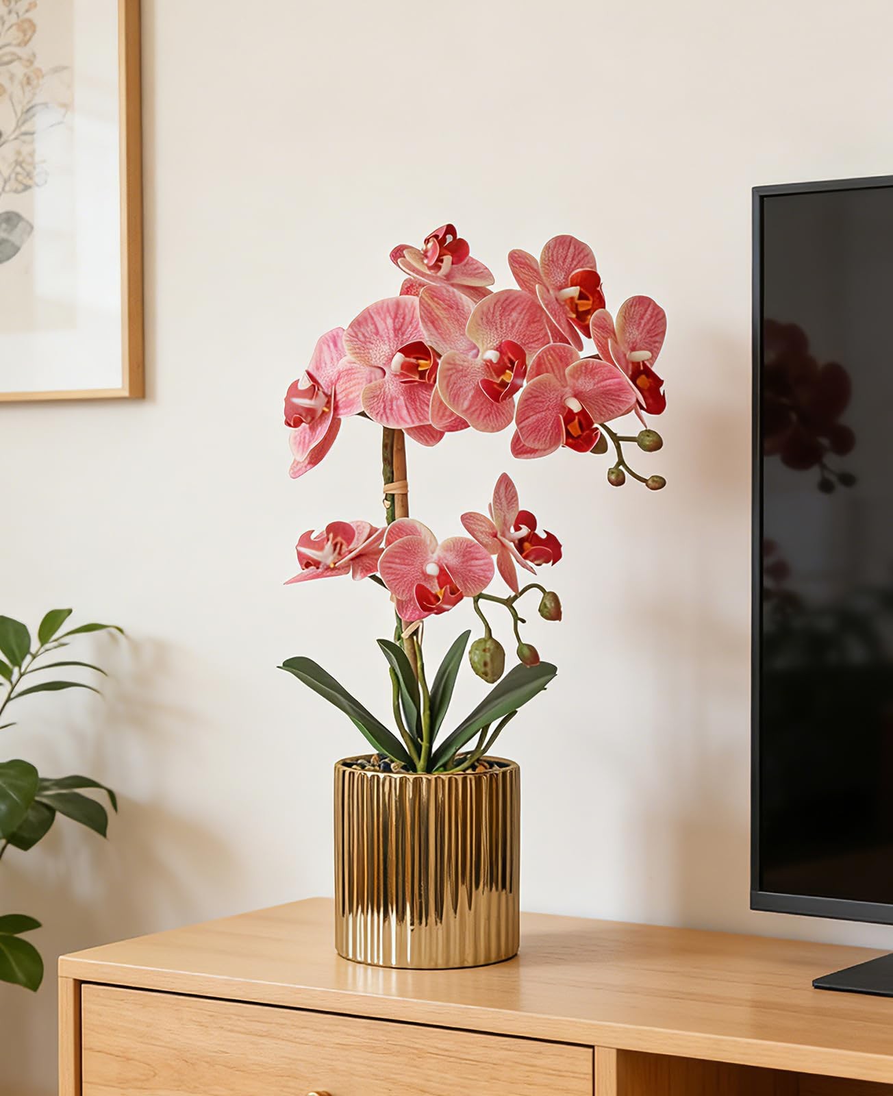 Pink Orchid Artificial Flowers Real Touch Indoor Orchid Plants with Gold Cera…