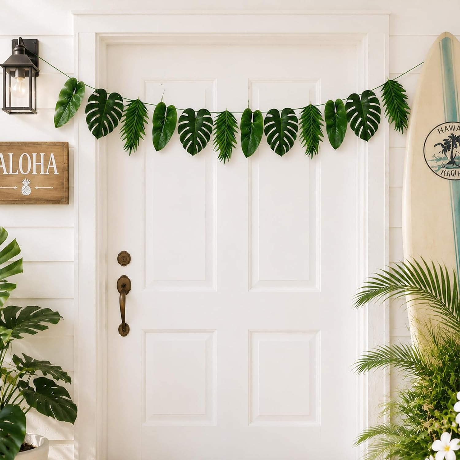 Tropical Leaf Garland with Palm and Monstera Leaves, Hanging Hawaiian Cardboard