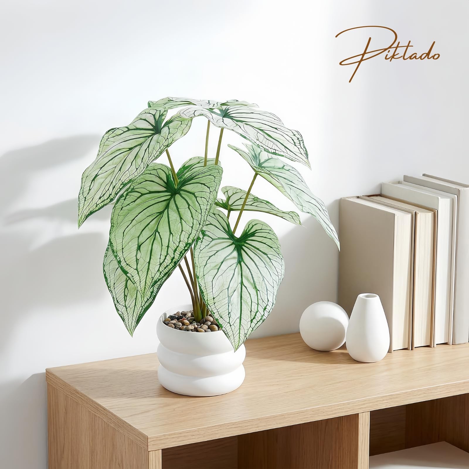 Faux Caladium Bicolor Plants in White Pot, 15.7″ Tall Fake Alocasia Potted Se…