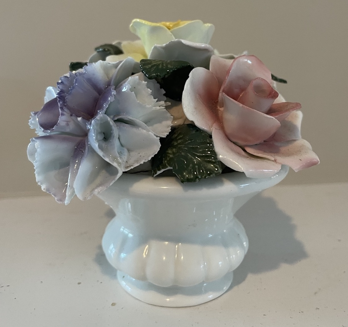 ViTG Royal Kendall Fine Bone China Flower Bouquet Basket Pink Yellow & Blue