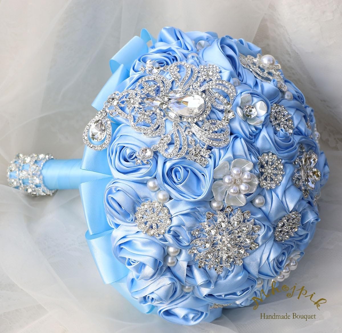 Bridal Wedding Bouquet Round Bling Brooch Bouquet Artificial Rose Flower Bunc…