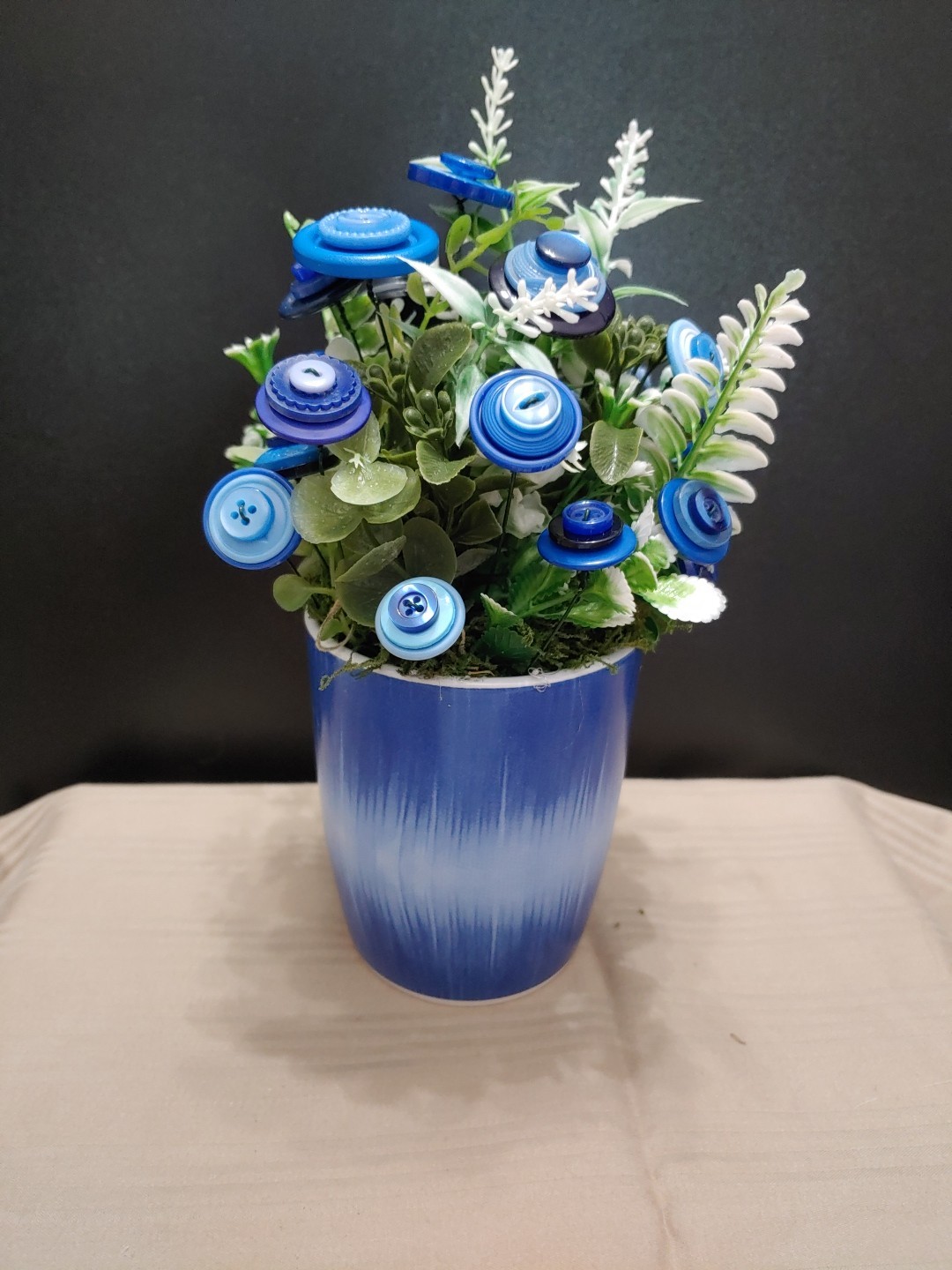 Blue Button Flower Bouquet With Greenery In Blue White Coffee Mug Vintage Button