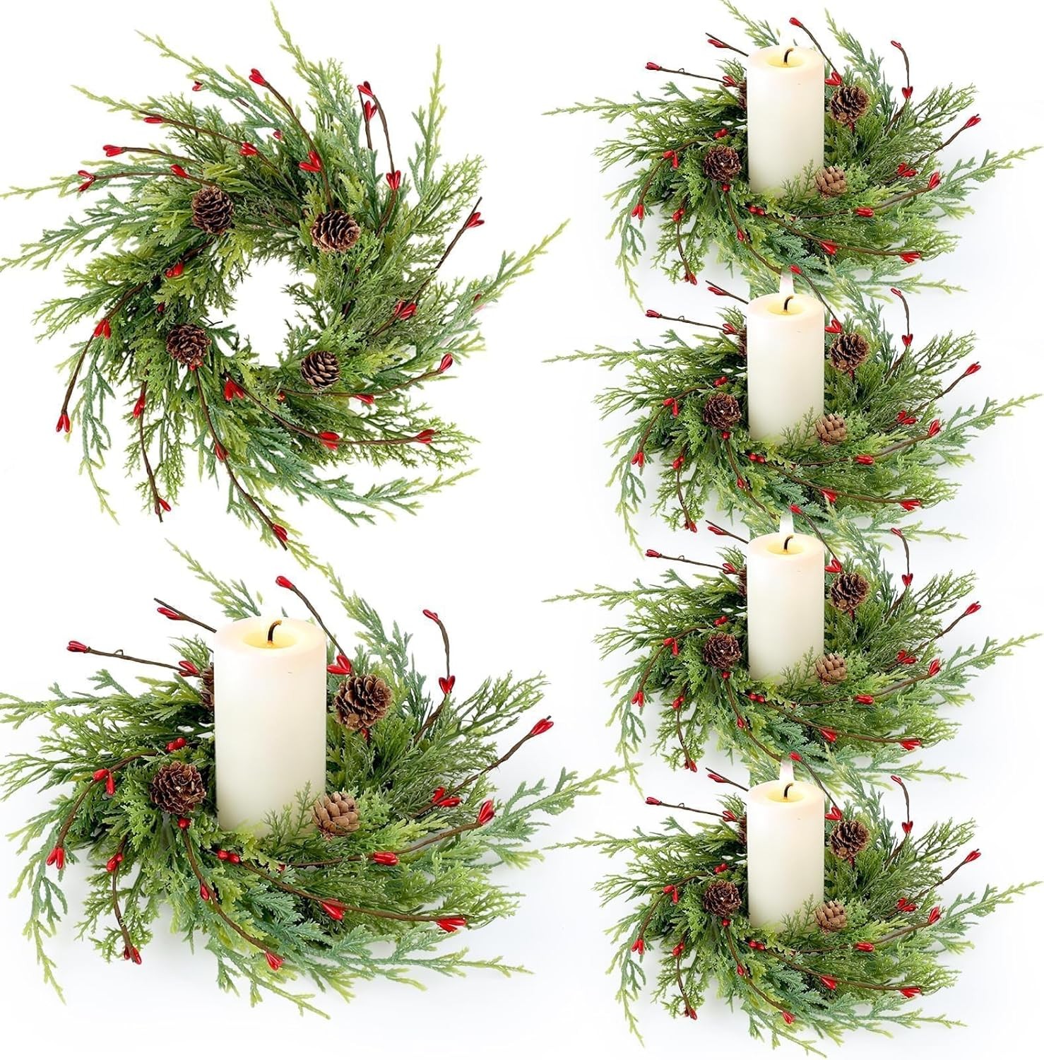6 PCS 3 Inch Spring Summer Candle Rings Wreaths Mini Green Candle Rings Wreath