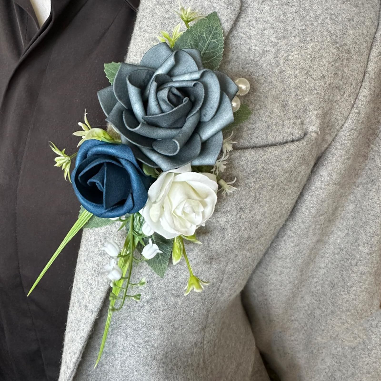 Pocket Boutonniere Men Dusty Blue Rose Flowers Groom Wedding Prom Party
