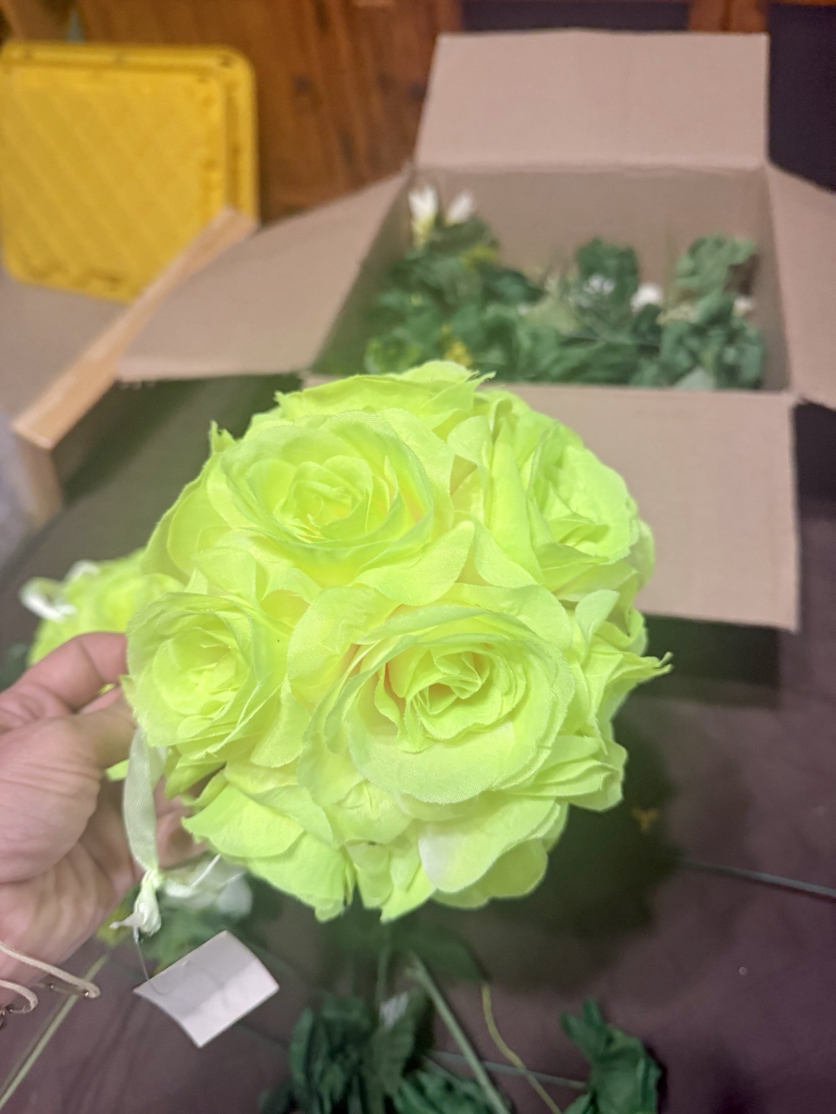 Large Lot / Box of Miscellaneous Artificial Silk Flowers – Bright Green Shades