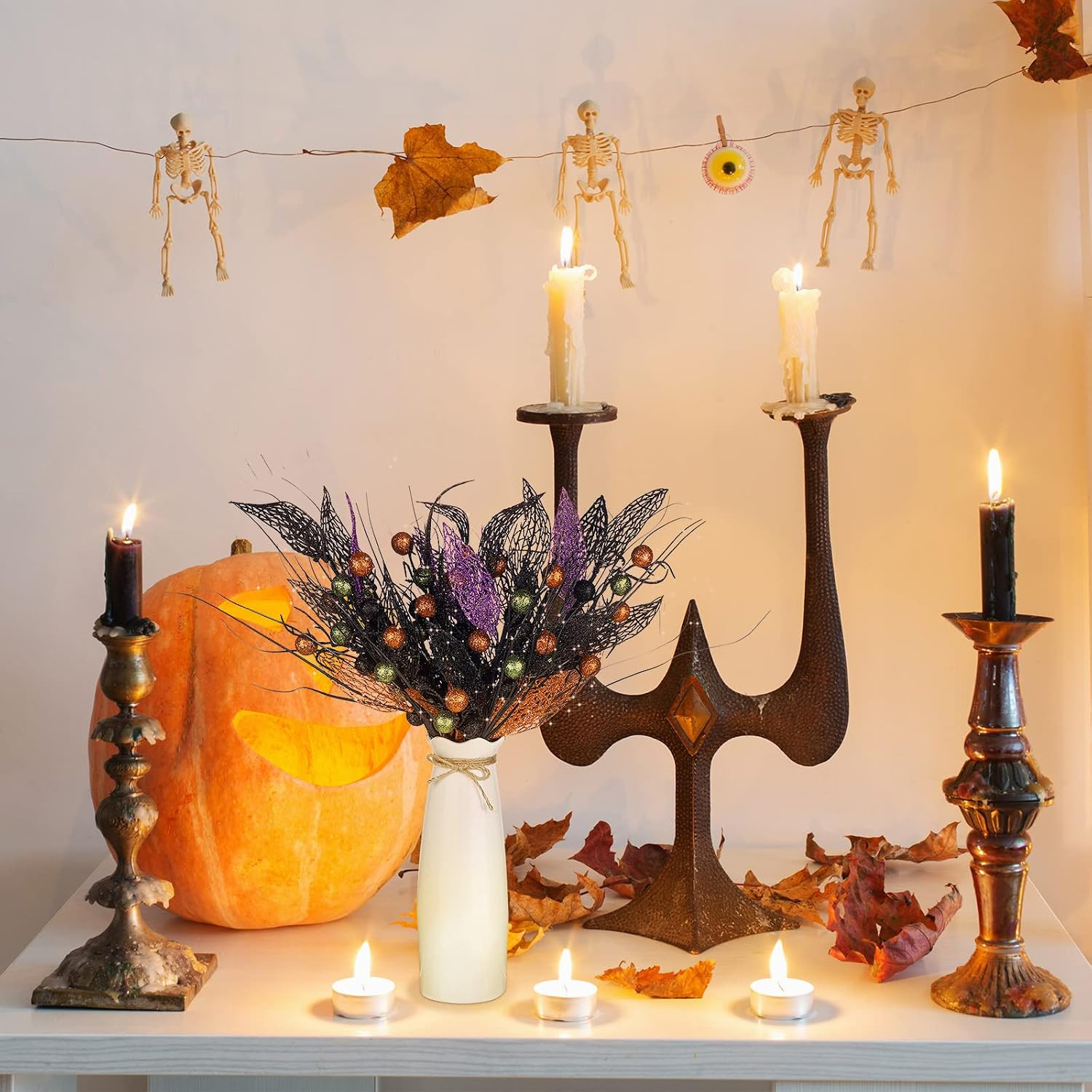 8 Pcs Halloween Branches Picks Stems Glitter Fake Twig Bush with Pumpkin Berries