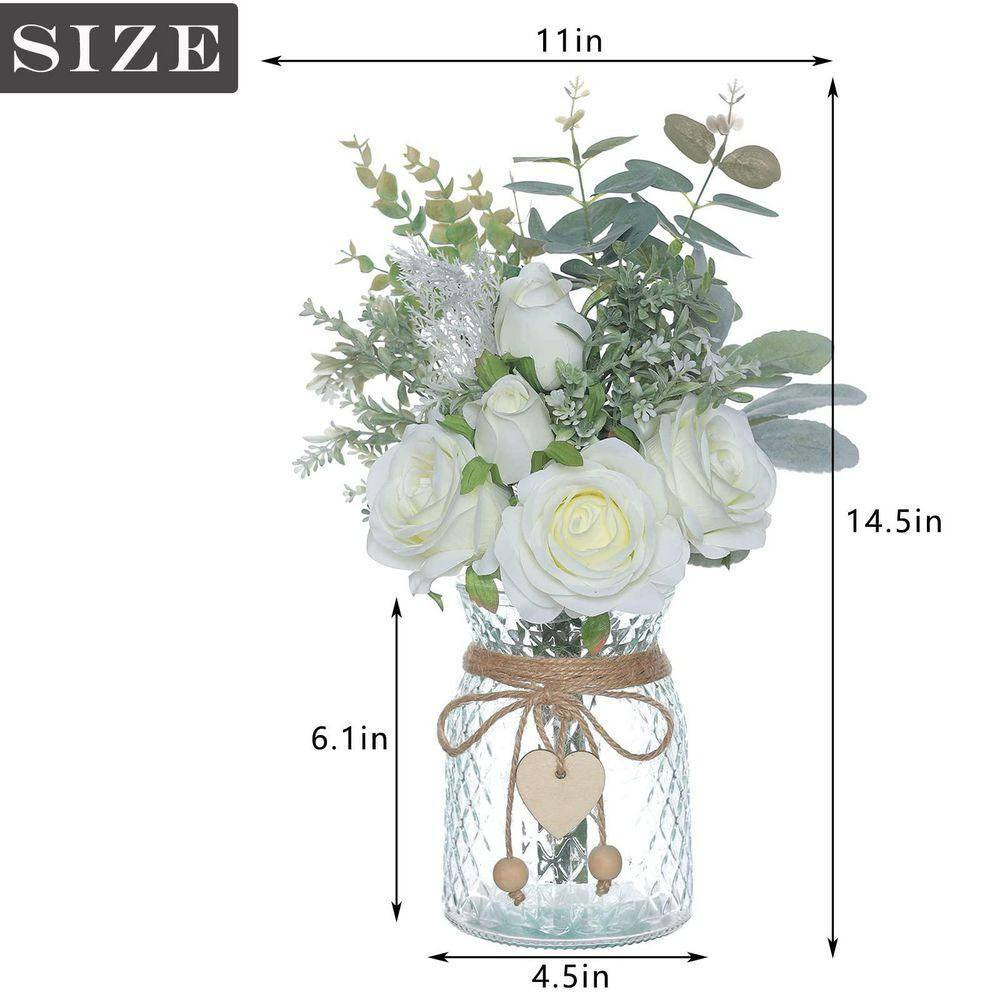Faux Flowers with Vase 14.5 In. White Artificial Silk Roses Eucalyptus Flower Ar