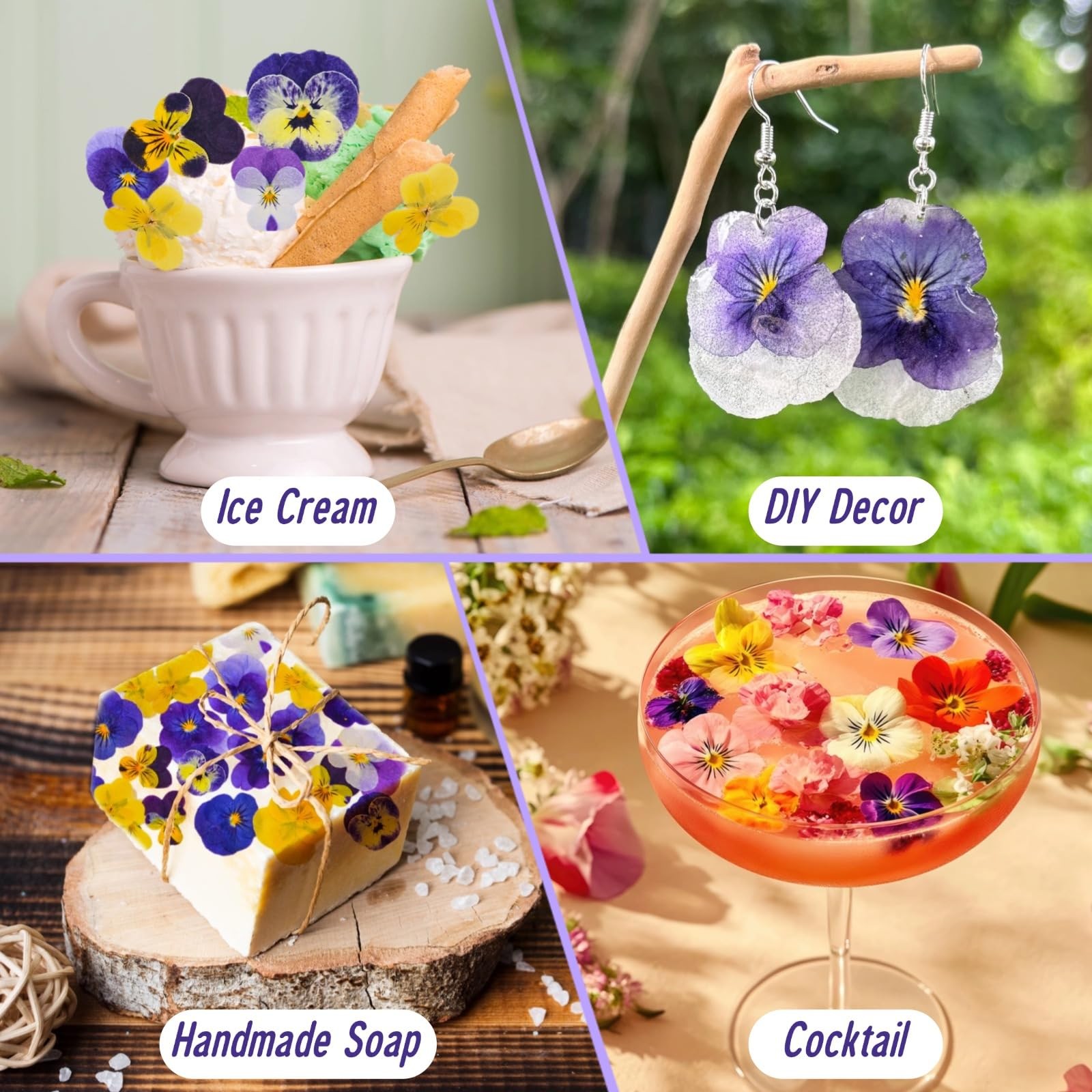 Pressed Edible Flowers, 40 Pcs 8 Kinds, Resin Jewelry Making, Purple