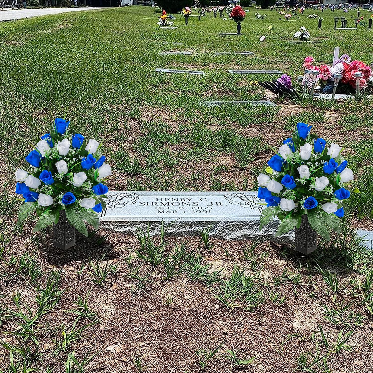 Artificial Cemetery Flowers Grave Memorial Flowers Set of 2 Dark Blue White
