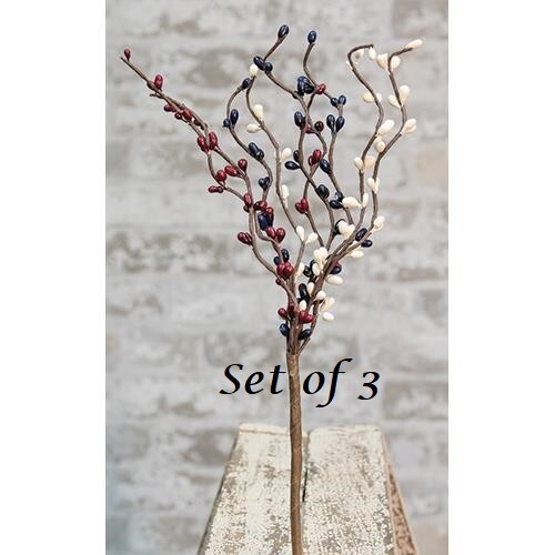 NEW Pip Berry Picks Stems RED CREAM BLUE Set of 3 Primitive 12″ Crafts Patriotic