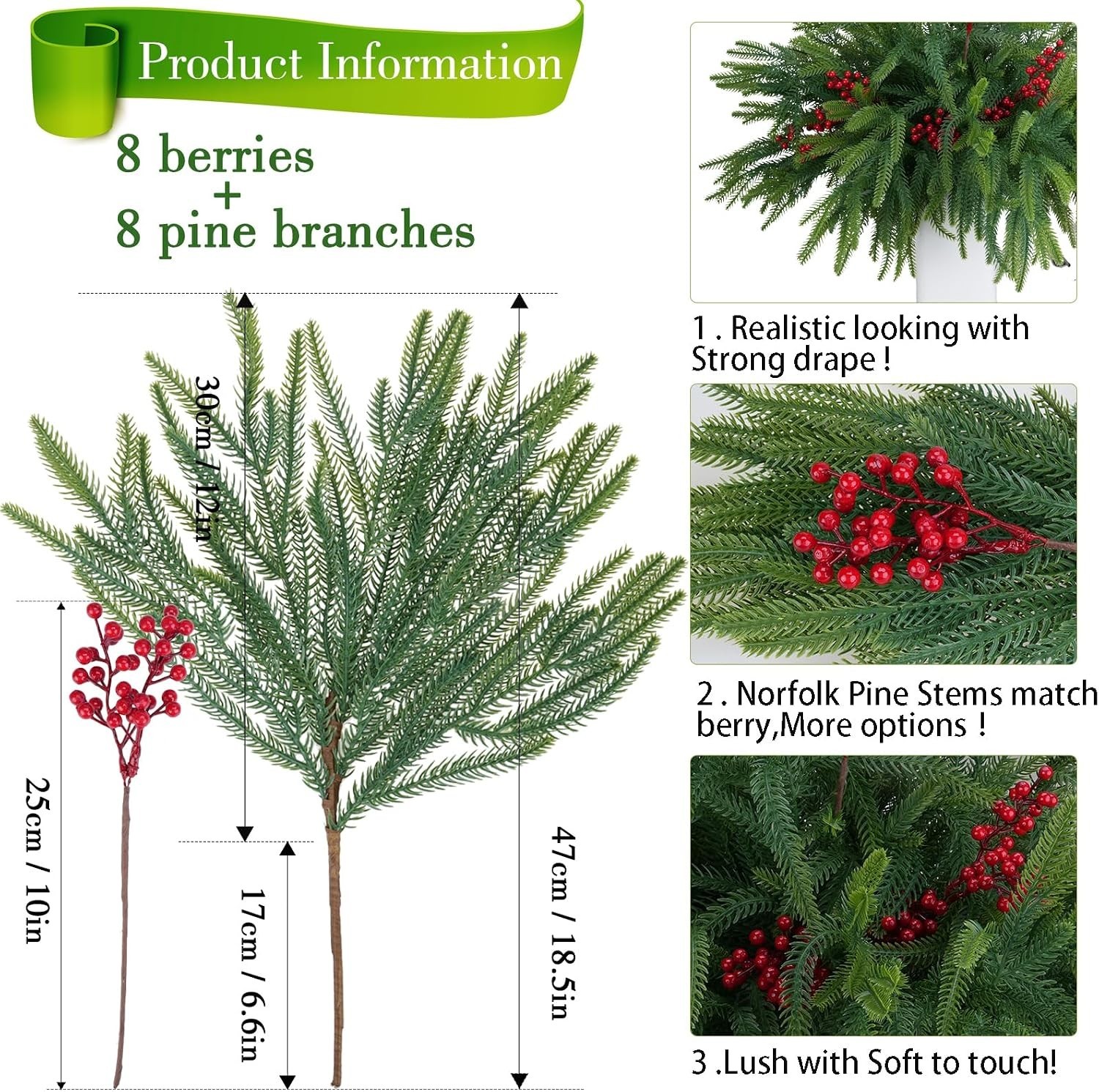 Realistic Christmas Pine Stems with Berries