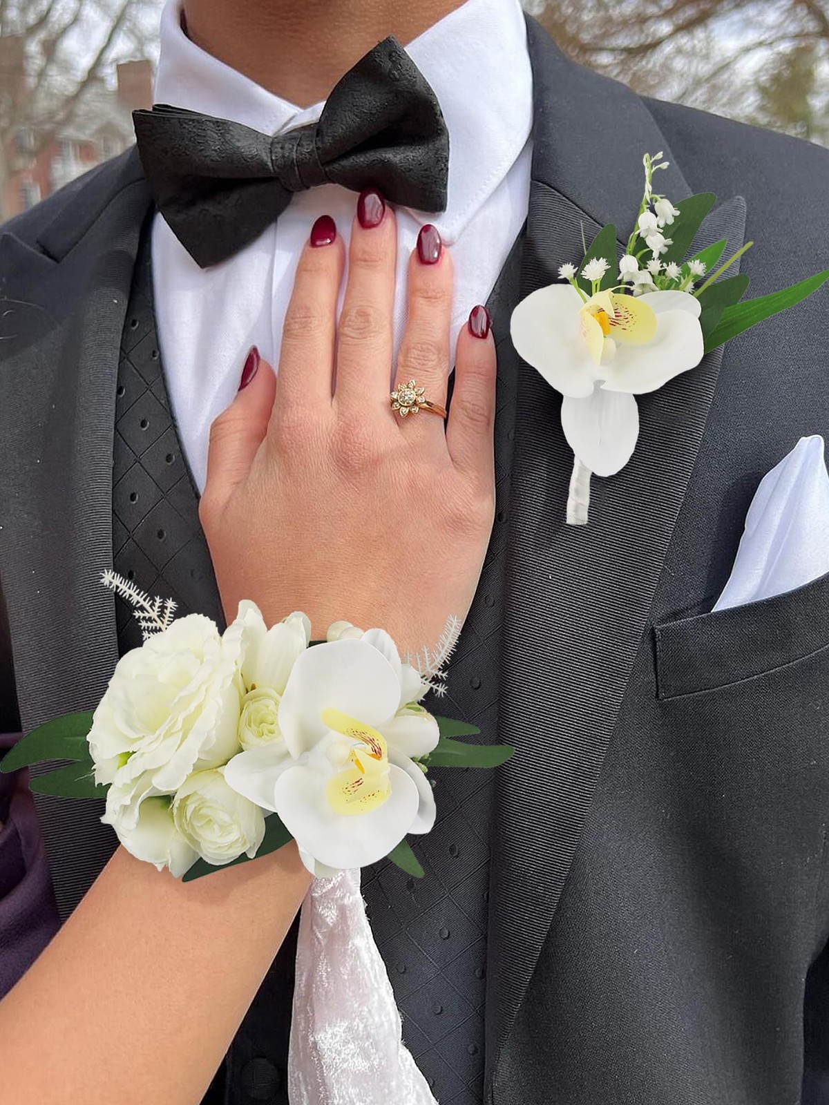 White Orchid Corsage and Boutonniere Set for Prom Homecoming