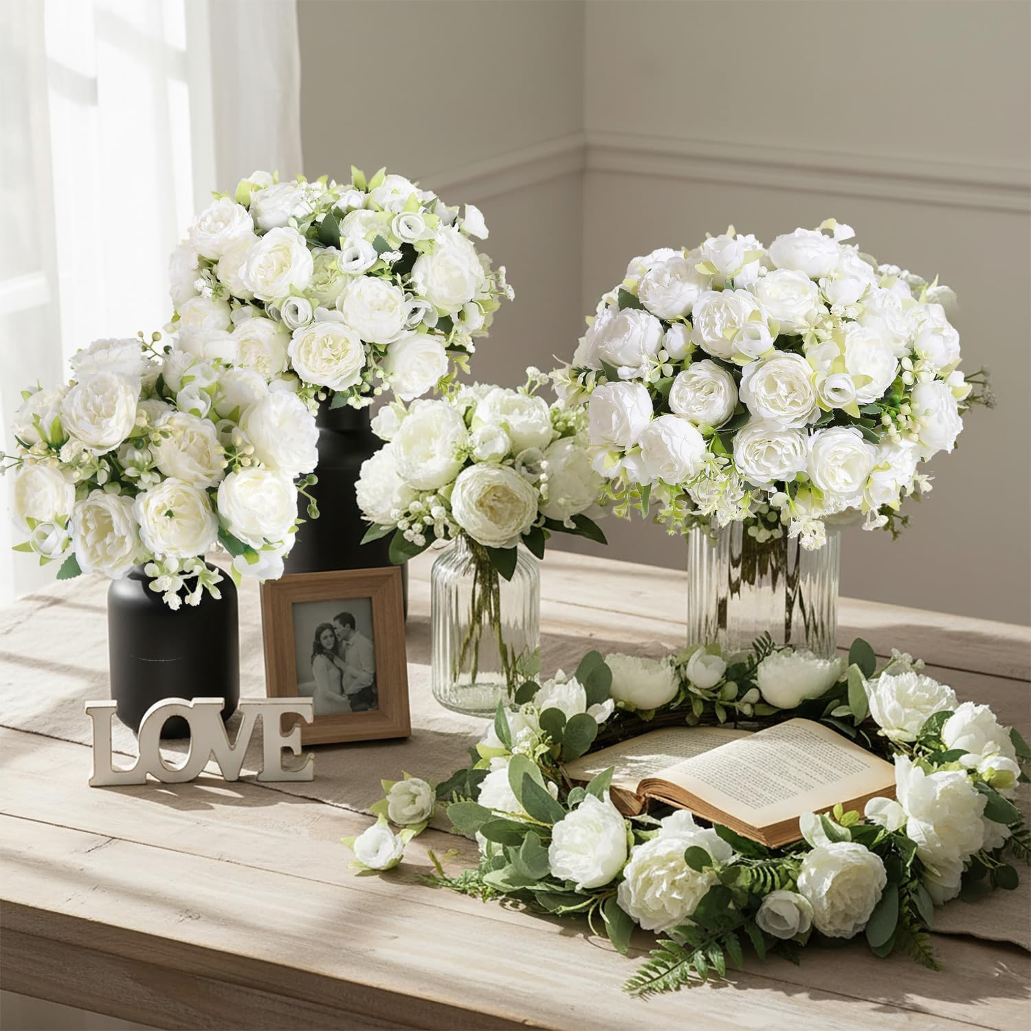 12 Bundles Peonies Artificial White Flowers Bouquet, Lifelike Silk Fake Peonies