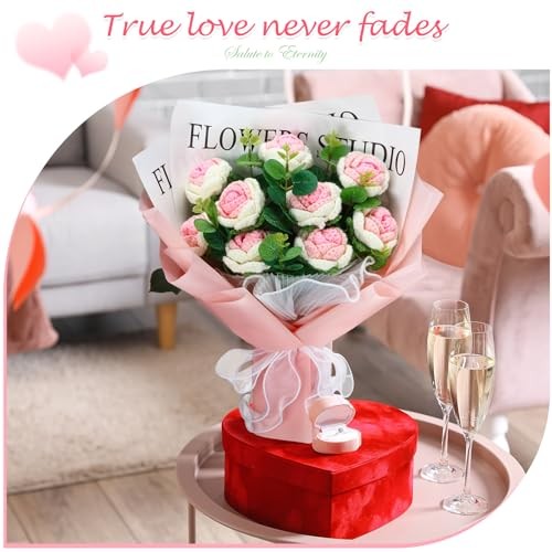 Valentine‘s Day LED Crochet Flowers Bouquet Light up Gradient White and Pink