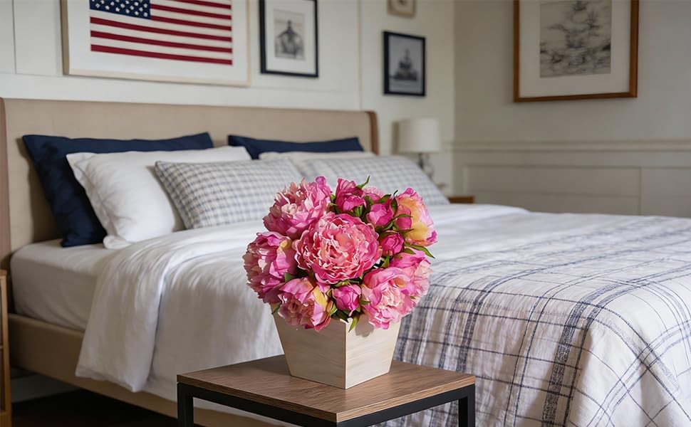 12 PCS Pink Peonies Artificial Flowers Wood Pot Silk Home Decor Centerpiece