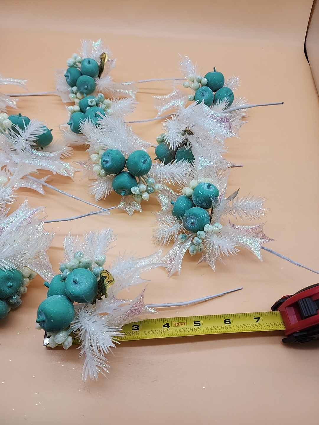Lot of 11 Regency International Glittery 7″ Teal Apple Christmas Spray Stems NOS