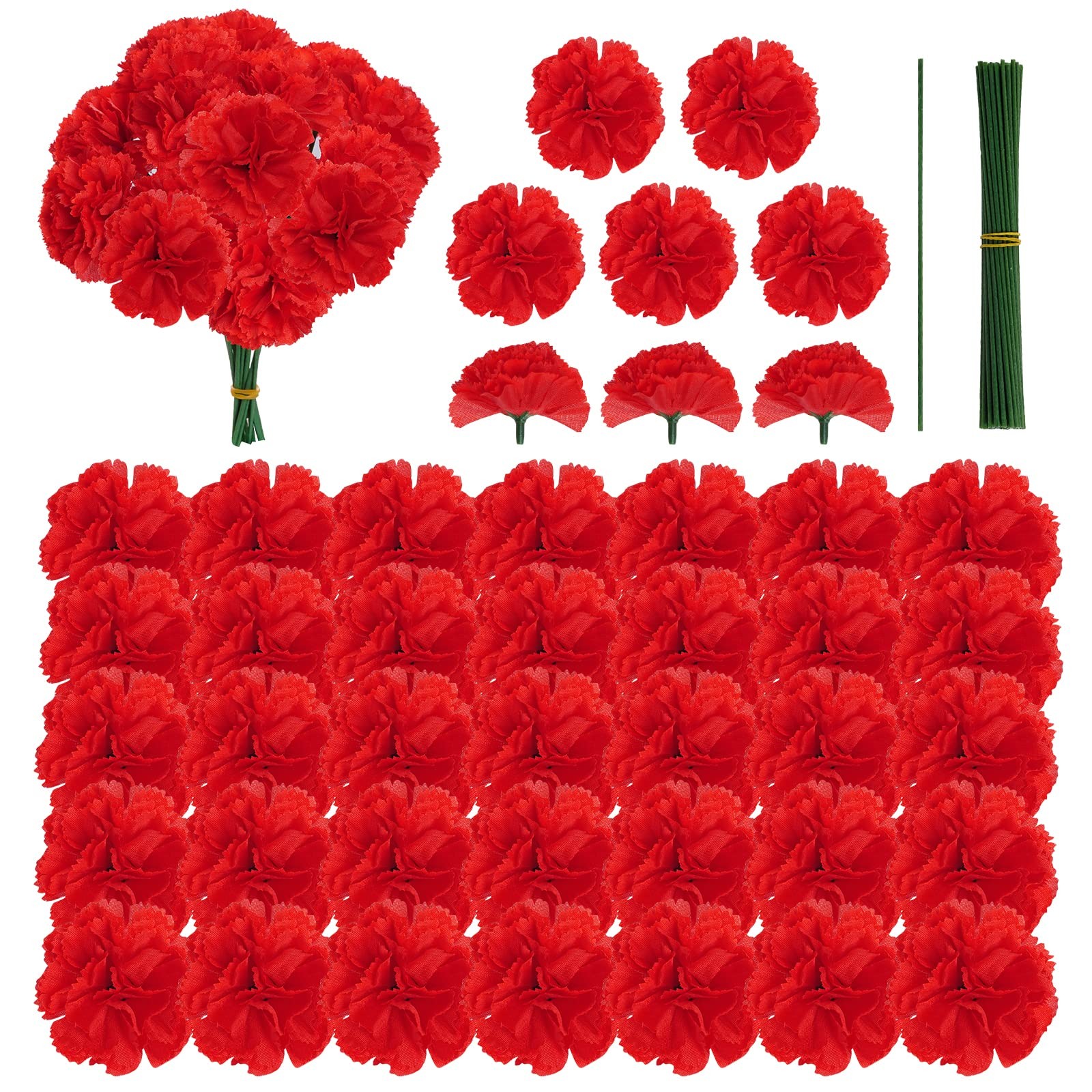 50 PCS Artificial Marigold Flowers Heads Red Silk Mexican Faux Bulk Wire