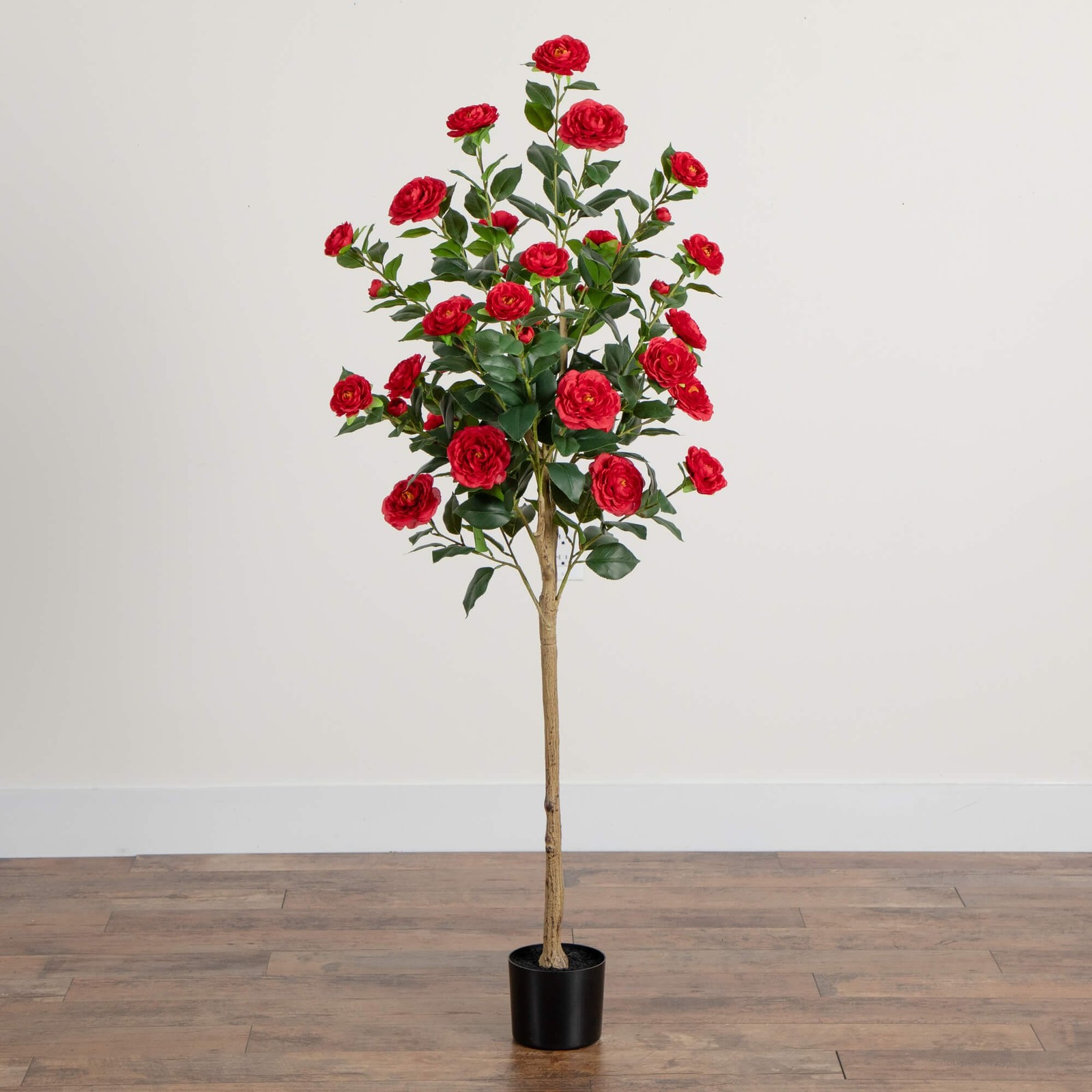 Nearly Natural 5ft Artificial Red Camellia Rose Tree in Red