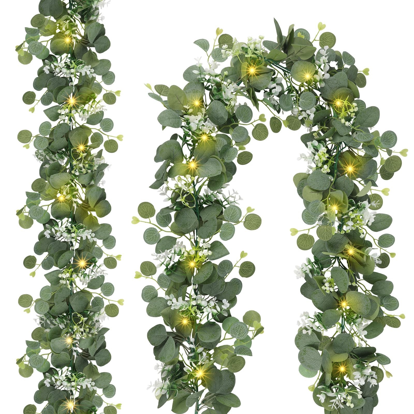 2 Pack Artificial Eucalyptus Garland with Lights, 6FT Artificial Greenery Sum…