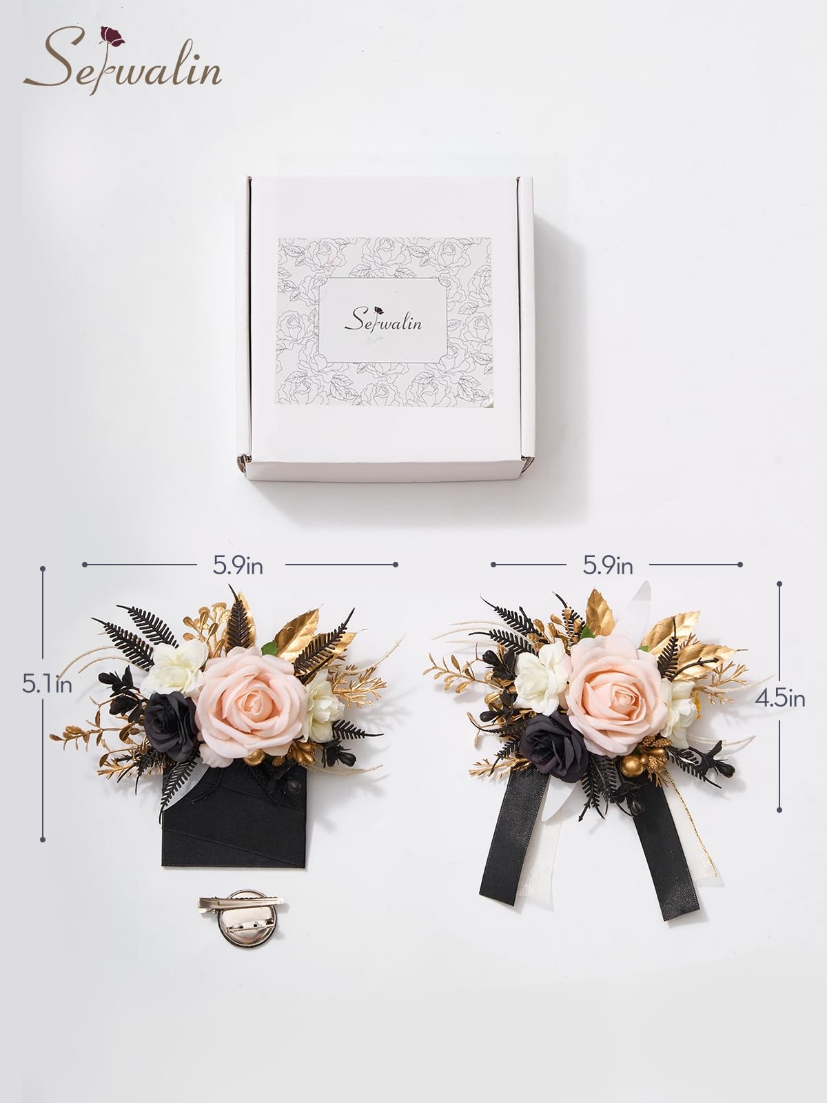 2Pcs Corsage and Boutonniere Set,Black Gold and Champagne Rose Corsage Wristl…